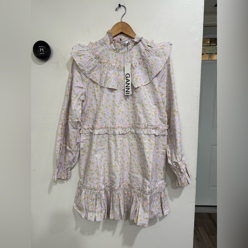 NWT GANNI Ruffled floral-print cotton mini dress In Cherry Blossom SZ42 US 10/12